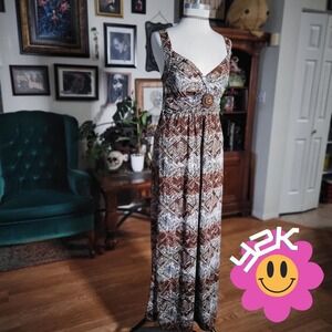 DJ‎ Summers Maxi Dress Vintage Y2K Brown Sleeveless V Neck Embellished Womens 10
